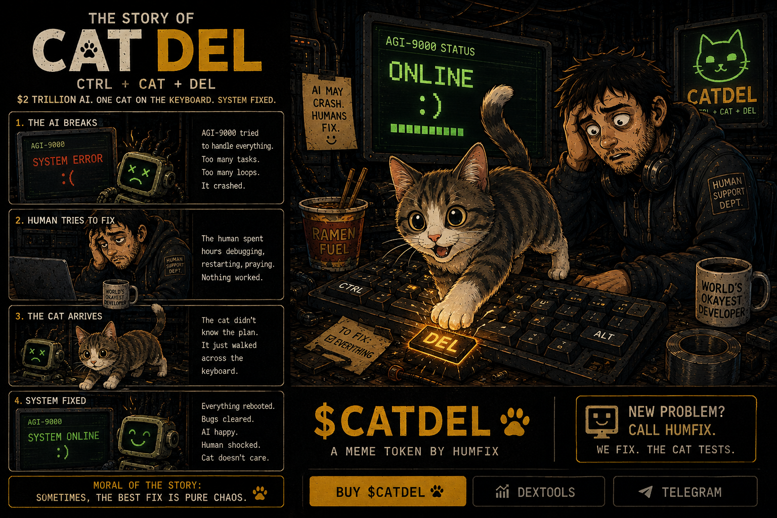 CATDEL walks across the keyboard while an exhausted human watches
